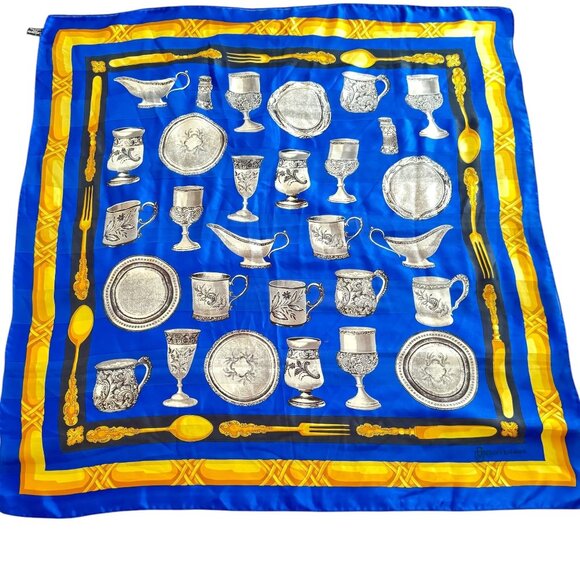 Larioseta Silk Scarf Women's Blue Gold Silver- Tableware Jacquard Size 34x34 in - Picture 1 of 9